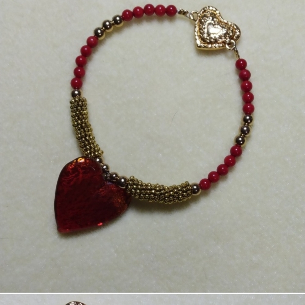 Hand Crafted Red Bamboo Coral And  Heart  Charm Bracelet With Magnetic Clasp